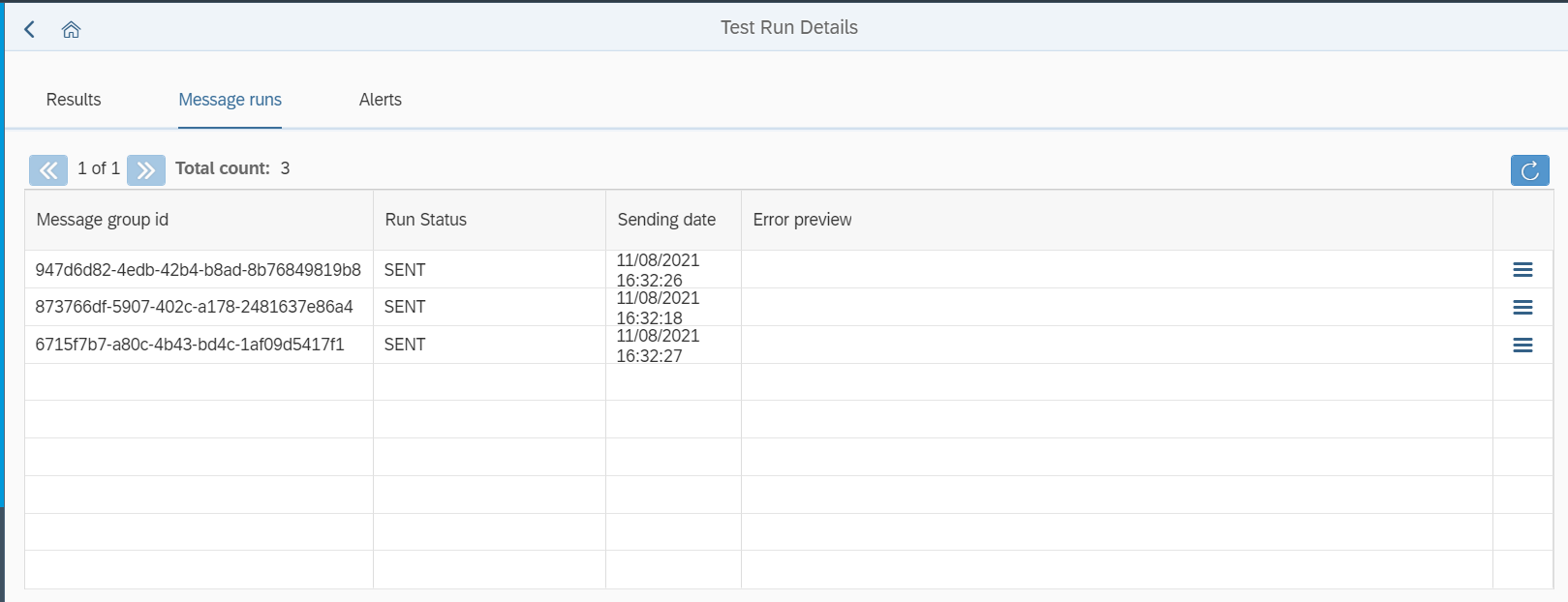 test run details page message runs tab