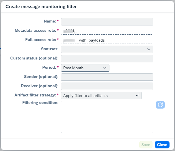 create message monitor filter dialog