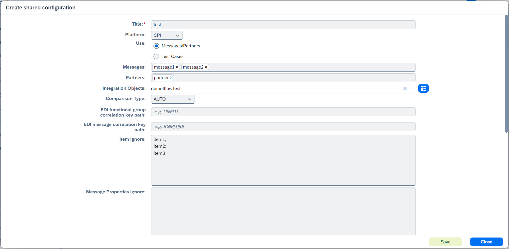 create comparison configuration dialog