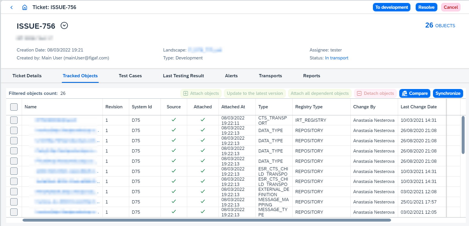 tracked objects added to ticket after transport synchronization