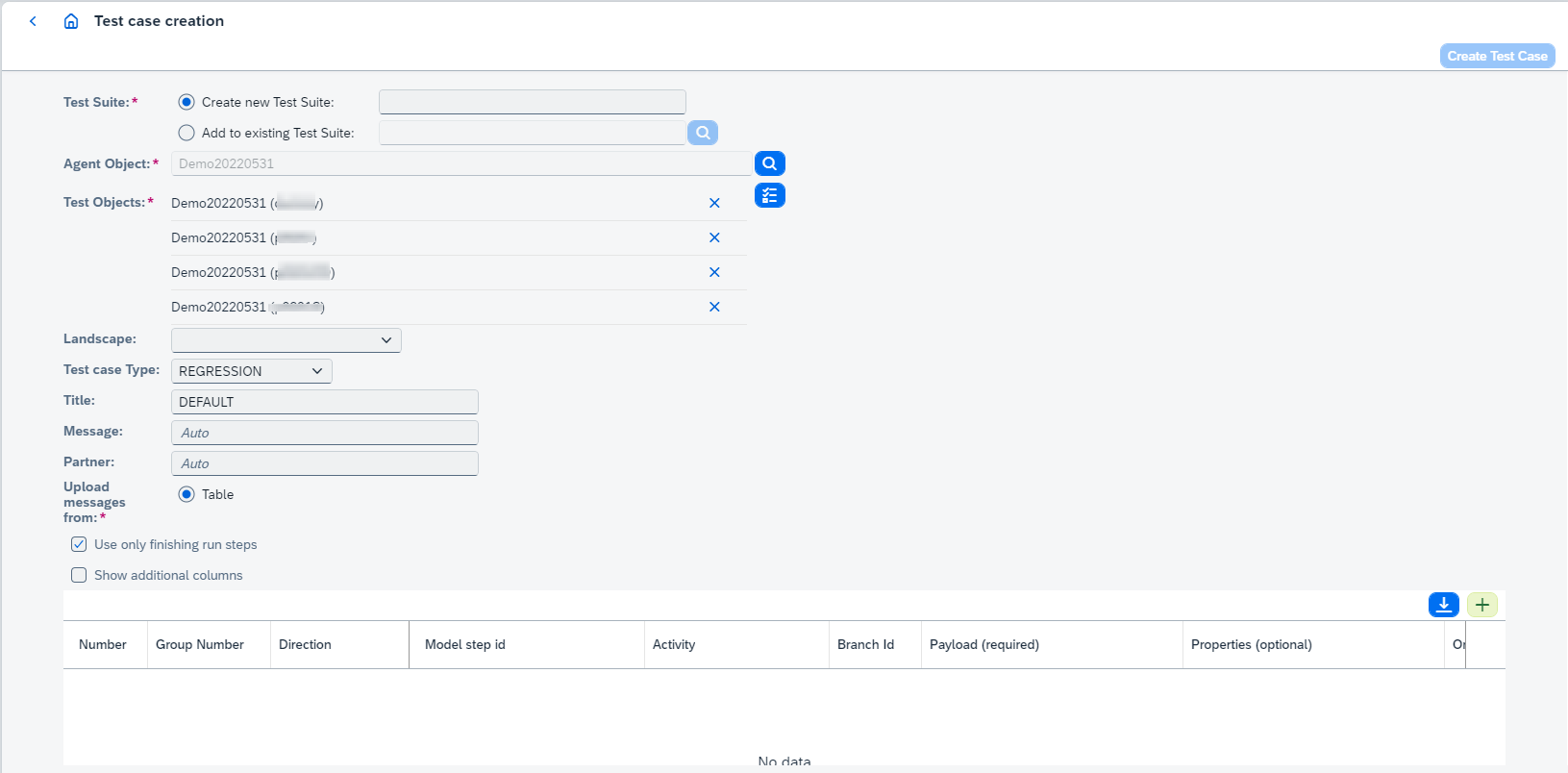 CPI test case creation page