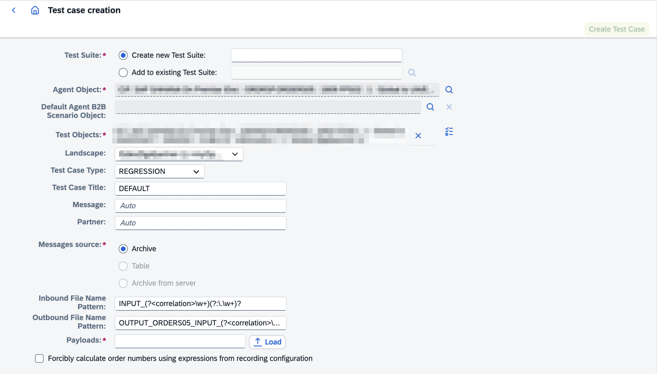 B2B test case creation page