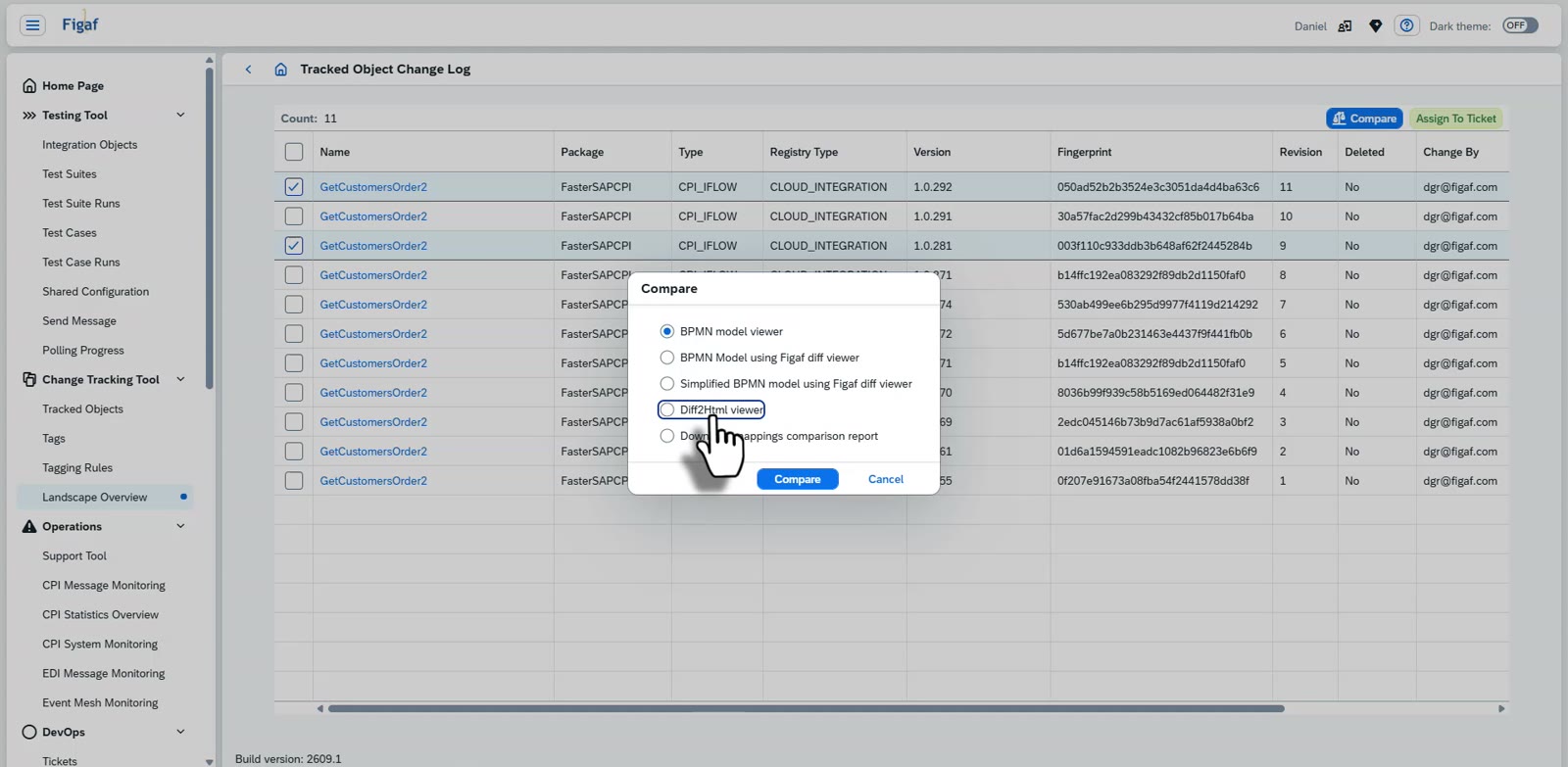The Figaf Compare dialog with the BPMN model viewer, Figaf diff viewer, Diff2Html viewer and mappings comparison report