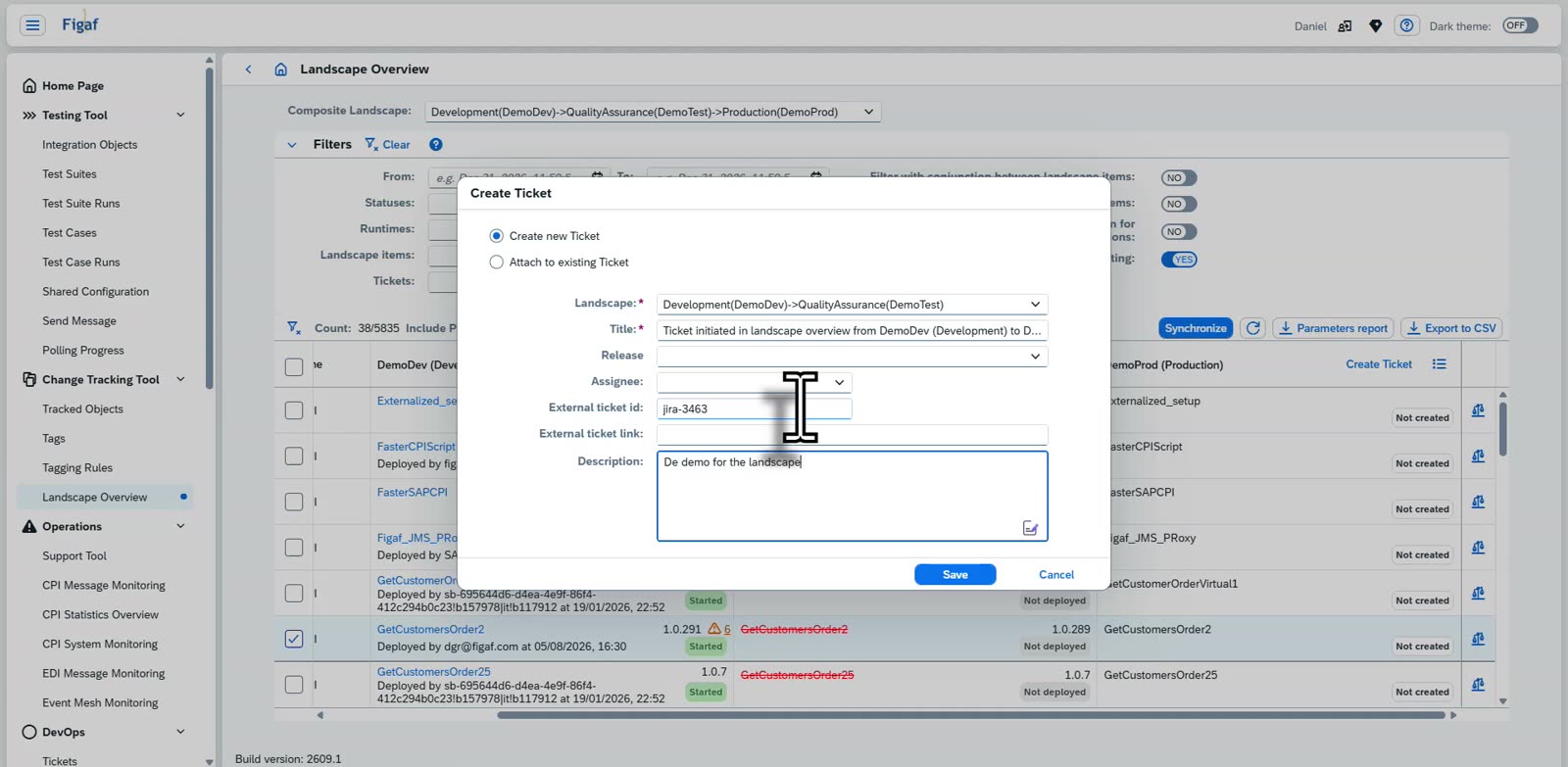 The Create Ticket dialog in Figaf with an external Jira ticket id