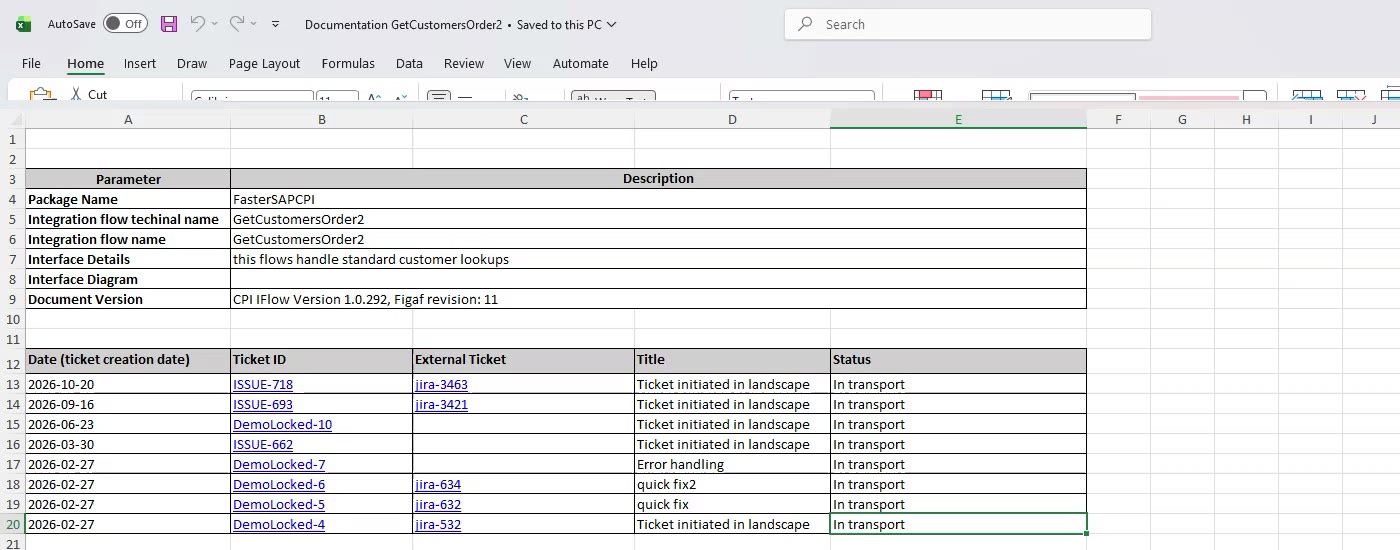 The Excel documentation of an iFlow with its details and a list of the tickets that changed it