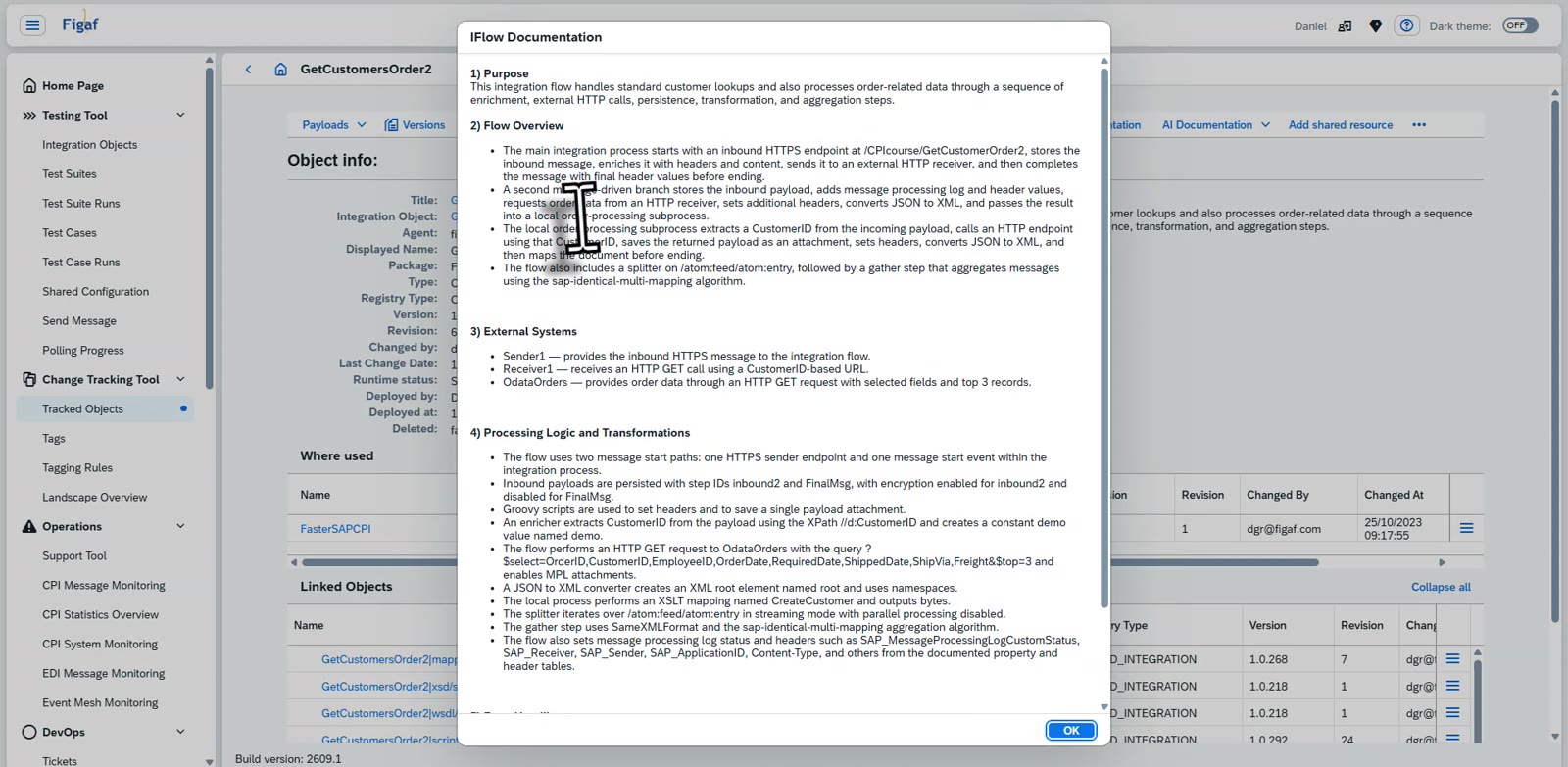 The full generated documentation of an iFlow in Figaf: purpose, flow overview, external systems and processing logic