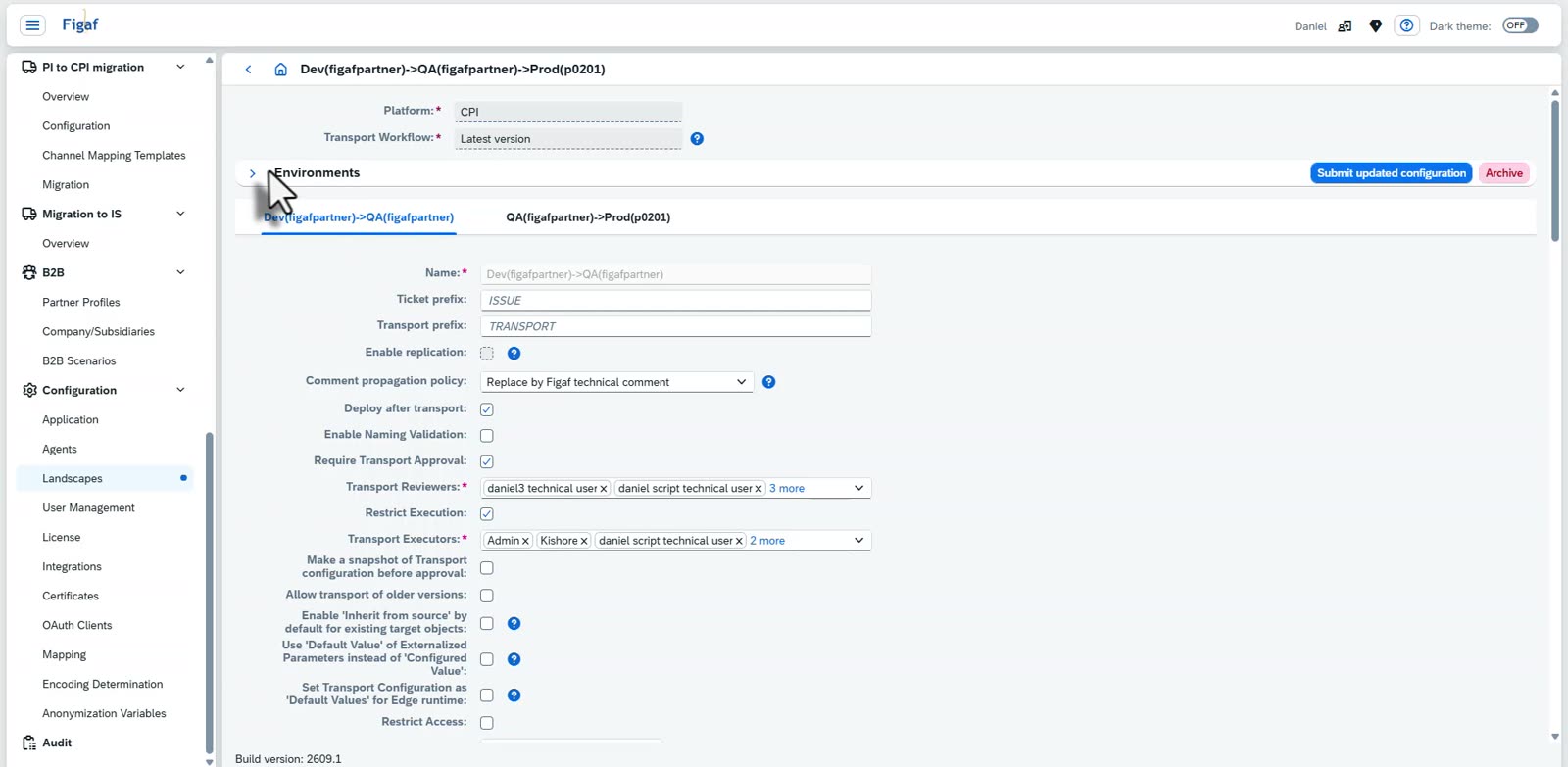 Landscape settings in Figaf with Require Transport Approval, transport reviewers, restrict execution and transport executors