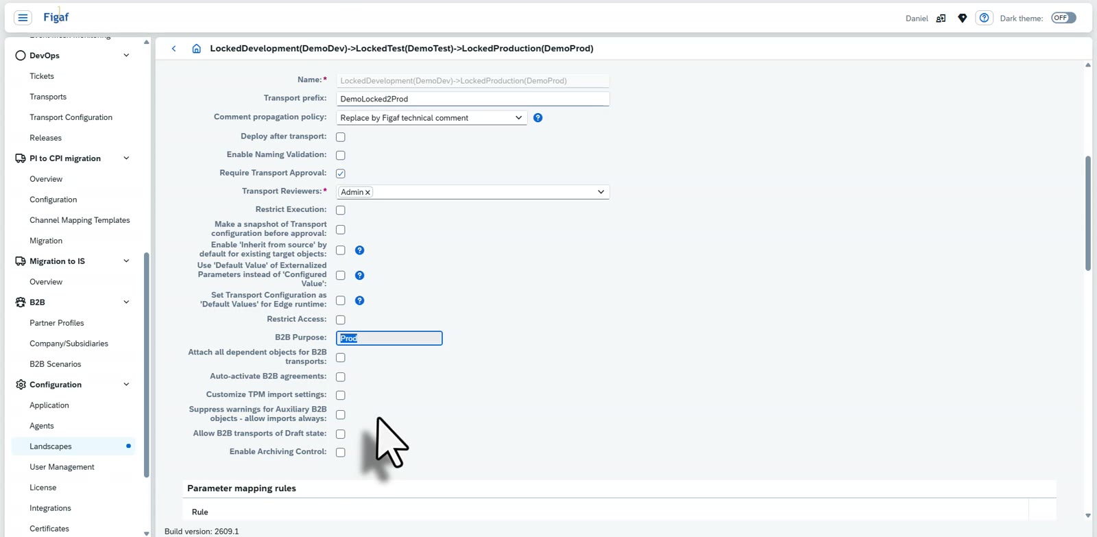 Figaf landscape settings including the B2B purpose, attach dependent objects for B2B transports and auto-activate B2B agreements