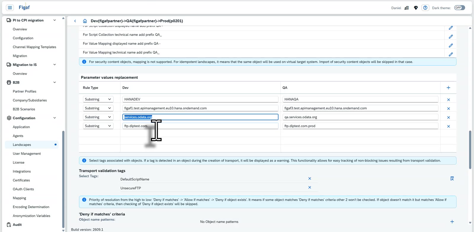 Figaf landscape page with parameter value replacement rules from the development values to the QA values
