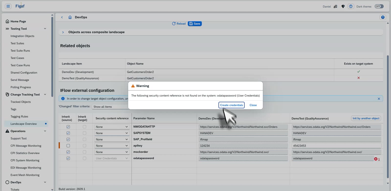 A Figaf warning that a security content reference was not found on the target system, with a button to create credentials