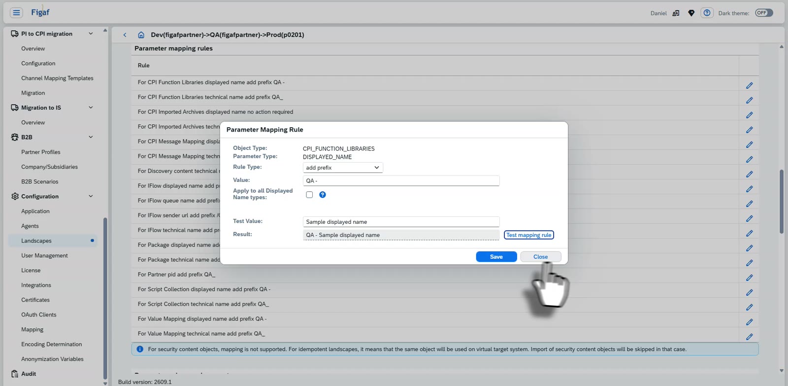 The Figaf Parameter Mapping Rule dialog adding the prefix QA to a displayed name with a test value