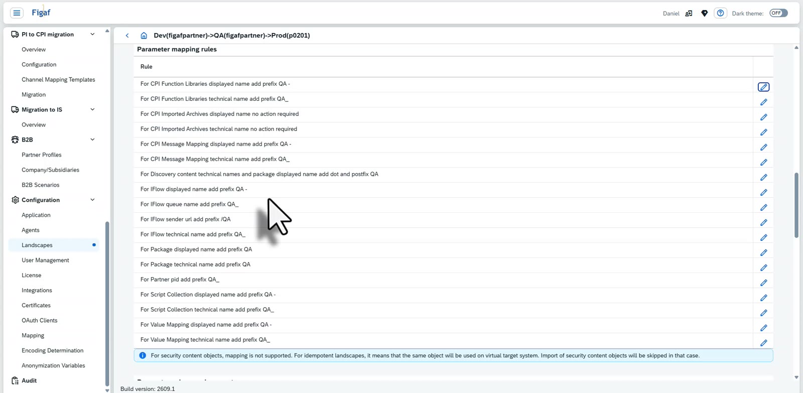 The list of parameter mapping rules in Figaf with add prefix rules for each object type