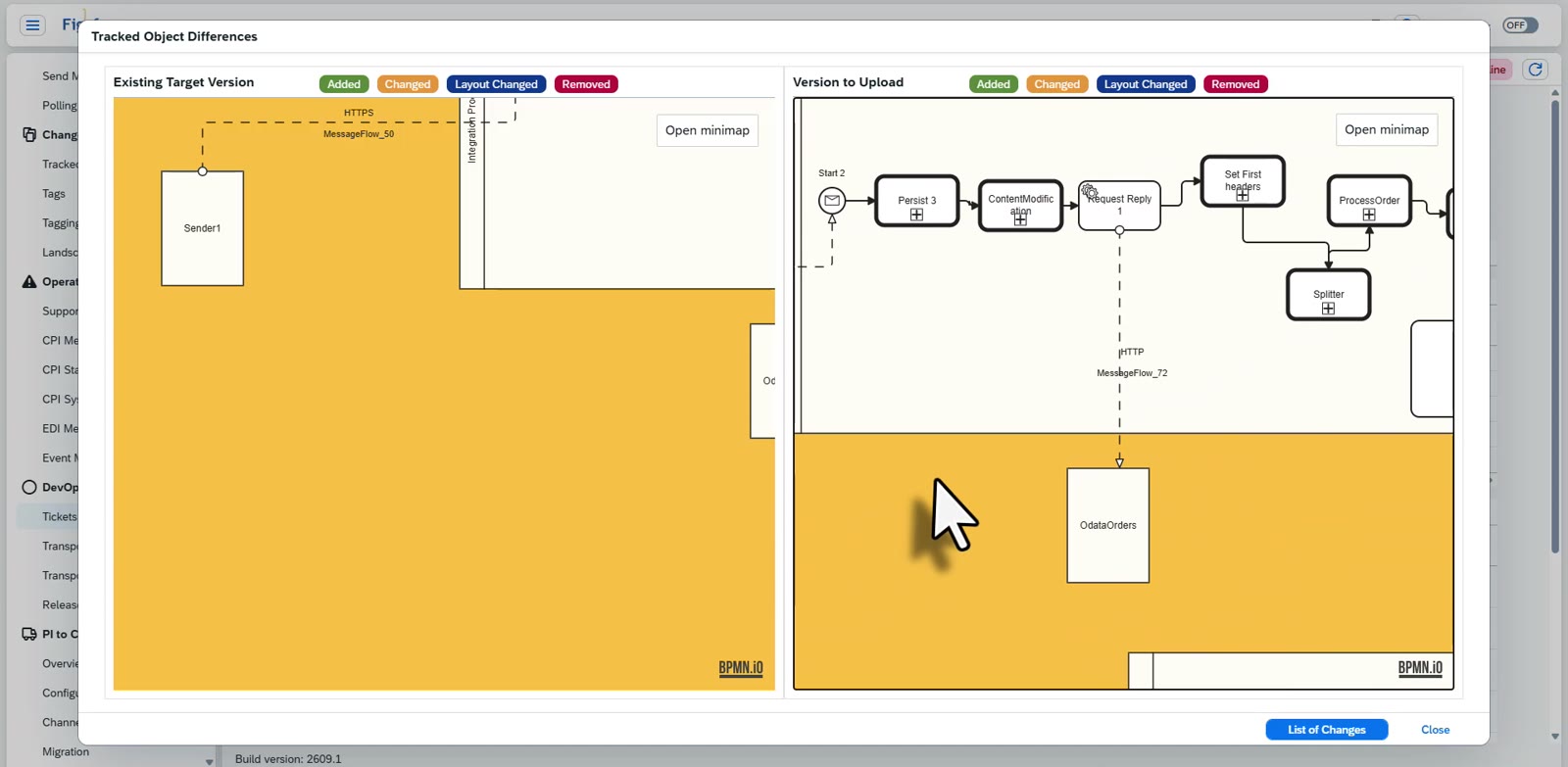Figaf comparison of the existing target version and the version to upload for an iFlow