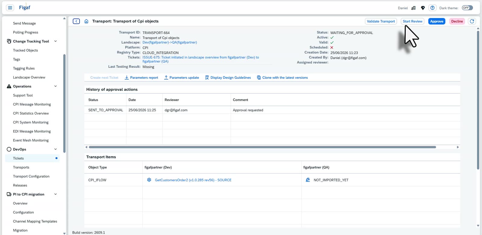 A transport waiting for approval in Figaf with the approval history and the Approve and Decline buttons
