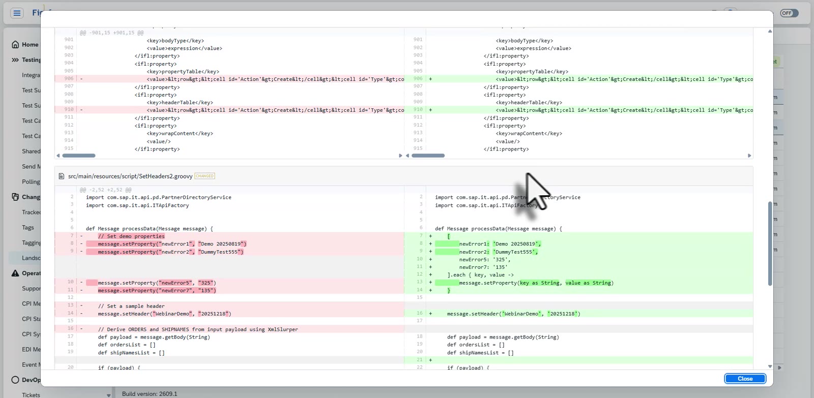 Figaf text comparison of two versions of an iFlow showing the changed lines of a script