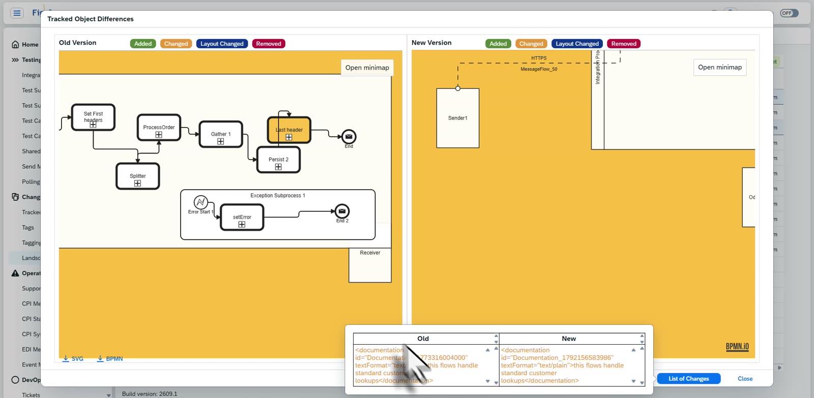Figaf visual comparison of two versions of an iFlow with the changed step highlighted