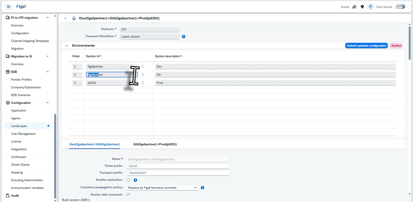 Figaf landscape setup listing the systems of a landscape in order, with a description of each