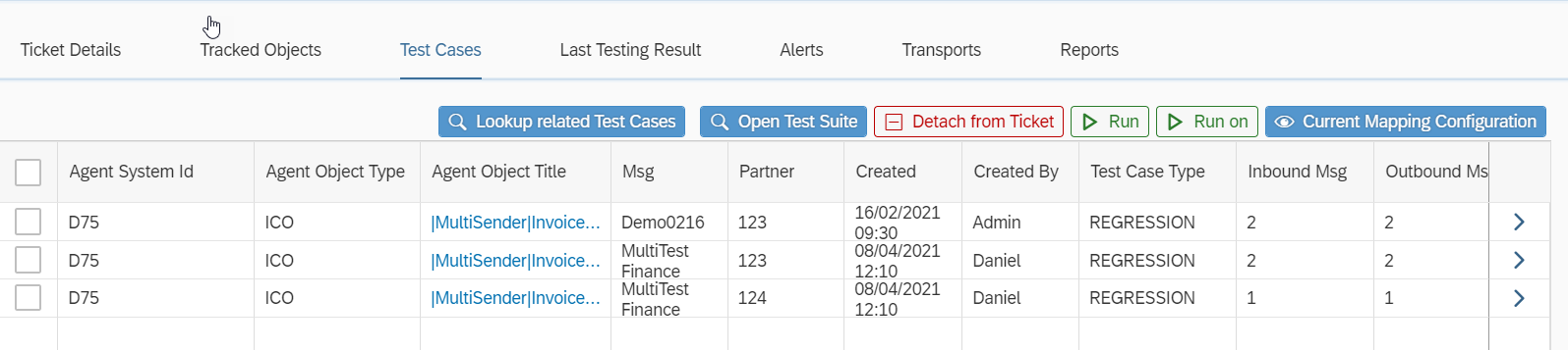 Test Cases tab of a Figaf ticket listing regression test cases for an ICO with Run buttons