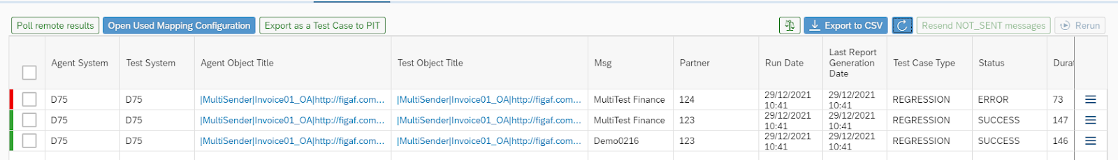 Regression test results in Figaf with one test case in error and two successful