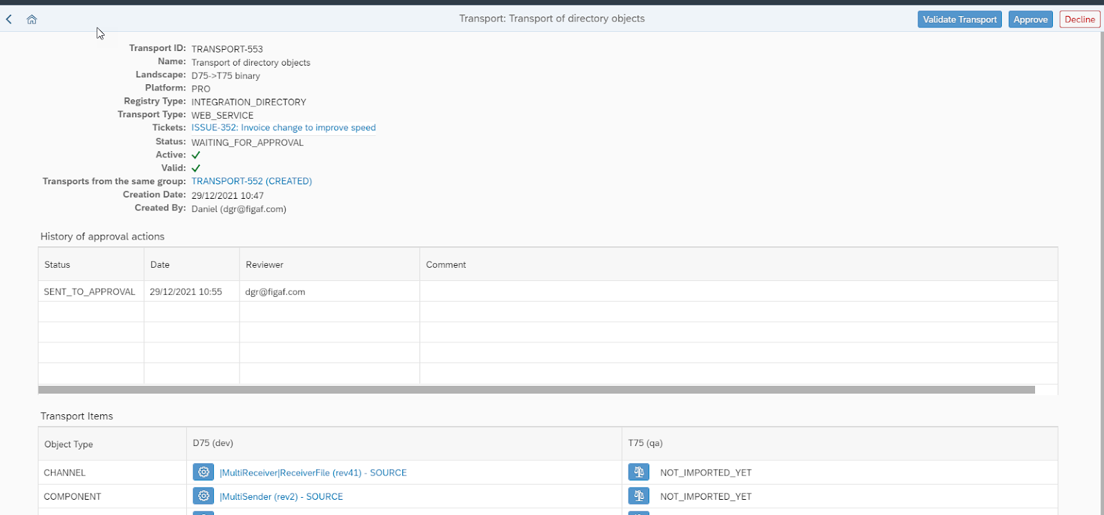 Figaf transport waiting for approval with Validate Transport, Approve and Decline buttons and approval history