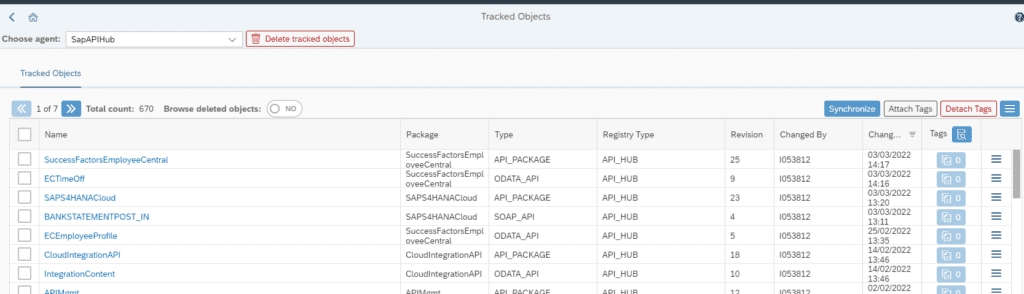 Screenshot of tracked objects in the SAP API Hub.